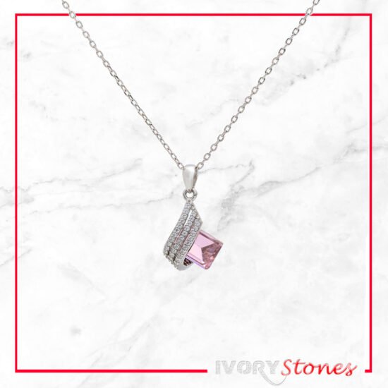 IvoryStone Square In Craw Crystal Pink Necklace.